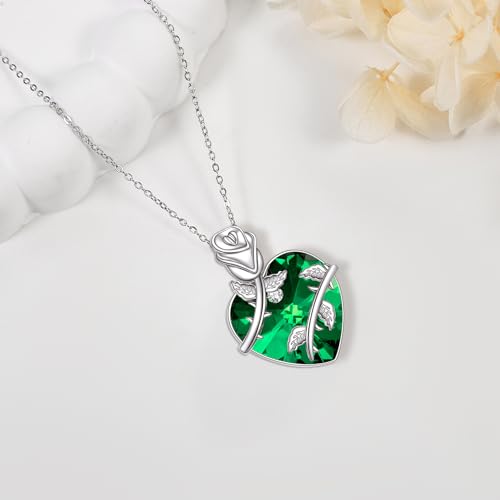 Birthstone Necklace 925 Sterling Silver Rose Flower Heart Pendant Necklace Birthstone Jewelry with Crystal Gifts for Women Wife Mom3