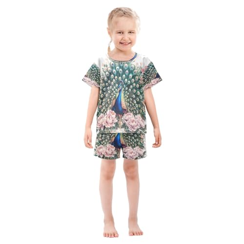 ALAZA Peacock Floral Peony Bird Pajamas Set Short Sleeve Cotton Sleepwear Summer Pjs 2 Piece 5-14Y3