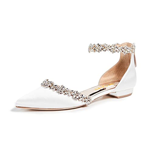 XYD Women Classic Pointed Toe D'Orsay Wedding Flat Sandals Sparkly Rhinestones Ankle Strap Low Heel Dress Shoes with Zipper