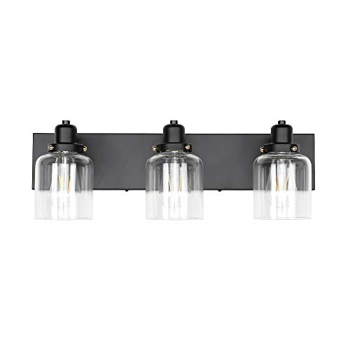 KLSS 3-Light Bathroom Vanity Light,Industrial Wall Sconce Bathroom Lighting Fixture,Matte Black Finish,Clear Glass Shade,E26,23.6 inch