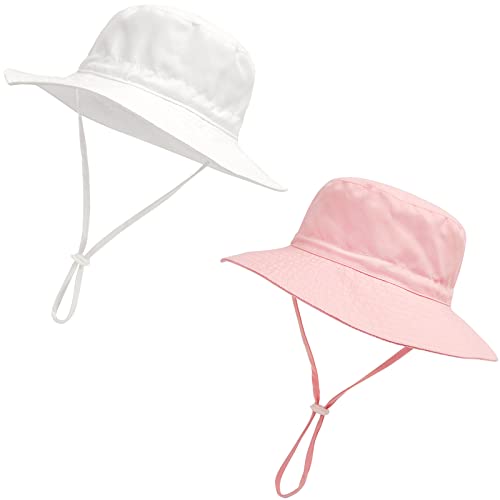 Image of Baby Girl Sun Hat Summer Beach Hats with UPF 50+ Toddler Infant with Wide Brim Strap Outdoor Bucket Hat 2 Pack White/Light Pink 0-6 Months