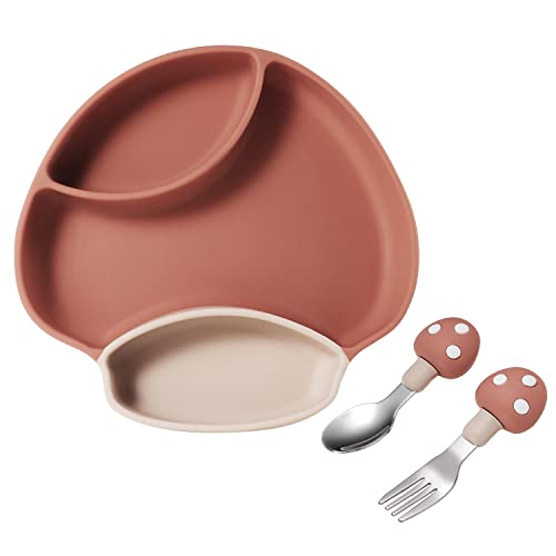 Image of TEN@NIGHT Baby Feeding Set, Suction Plates for Baby, Baby Mushroom Plates Set with Stainless steel Spoon and Fork - BPA Free Infant Newborn Utensil Set for Self-Training