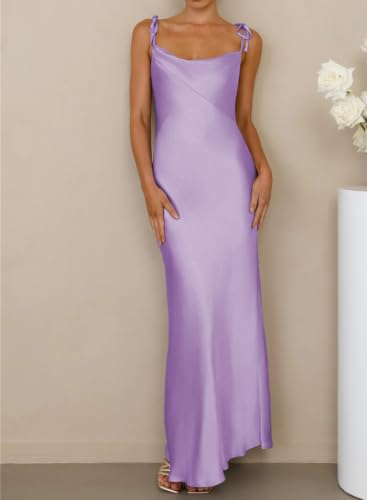 Image of 2026 Satin Cowl Neck Spaghetti Strap Maxi Dress for Women Bridesmaid | Silk,Tie Strap,Slip,Slit,Midi,Wedding Guest,Graduation,Elegant,Cocktail,Vacation,Party