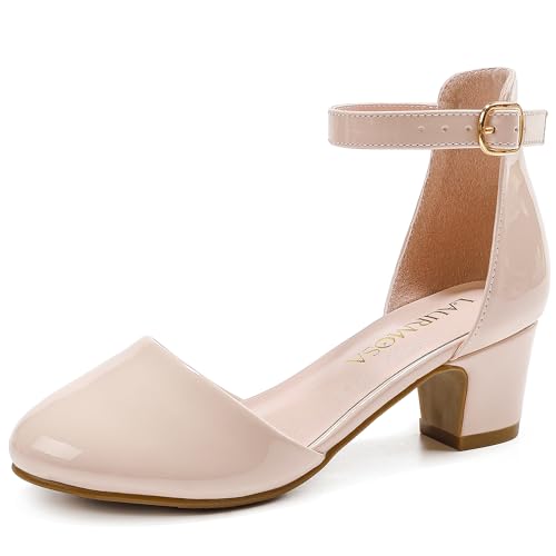LAURMOSA Fancy Shoes for Girls High Heels Kids Formal Pumps Closed Toe Youth Dress Shoes Flower Girl Kids Wedding Shoes Party with Ankle Strap Big Kids Size 3(L1012PaBlush 3)