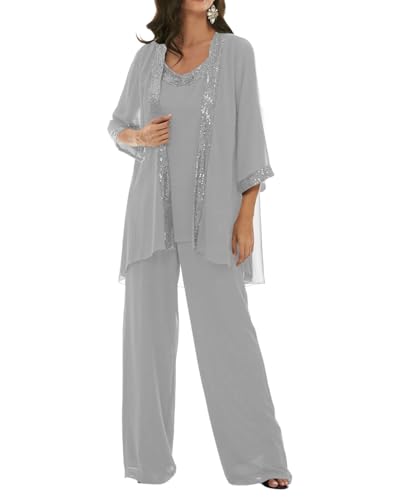 3 Pieces Mother of The Bride Dresses Pant Suits Chiffon Wedding Guest Groom Formal Outfit Sets Sequins with Jacket