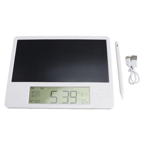 Electronic Calendar with Notepad, Rechargeable Desktop Calendar, LCD Writing Tablet with Foldable Stand, Time Date Temperature Humidity Display