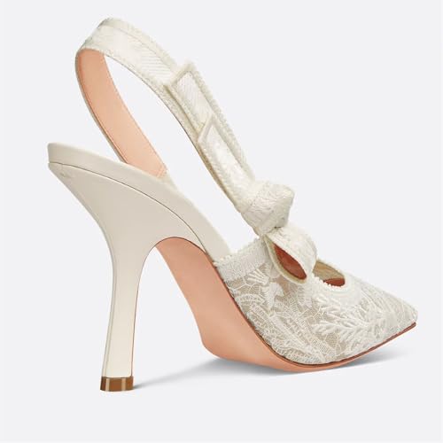 Goolita Pointed Closed Toe Pearl Slingback Heels for Women, Mesh Bow Evening Pump Stiletto High Heels Backless Party Bridal Shoes for Wedding3