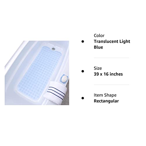 Slipx Solutions Power Grip Extra Long Bath Tub & Shower Mat 39X16, Wet Floor Non-Slip For Elderly & Kids Bathroom, 30% Longer Bathtub Mats, 200 Suction Cups, Drain Holes, Machine Wash, Light Blue #TOP6
