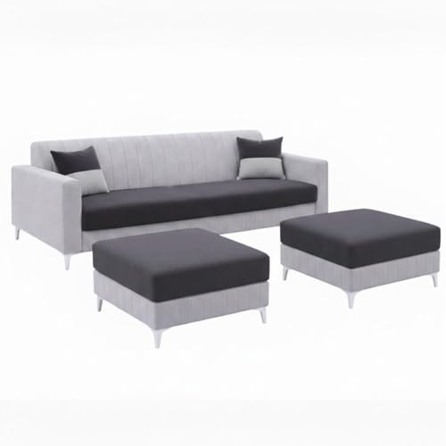 Image of Amelia 5 Seater L Shape Sofa Set with 2 Movable Ottomans | Flexible Layout | Rich Velvet Suede Fabric | Silver Legs | Spacious Seating | Modern Sofa for Living Room (Dark Grey-Light Grey)