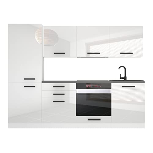 Belini Sandy Cuisine Équipée Complète - 240 cm avec Plan de Travail, Blanc Très Brillant