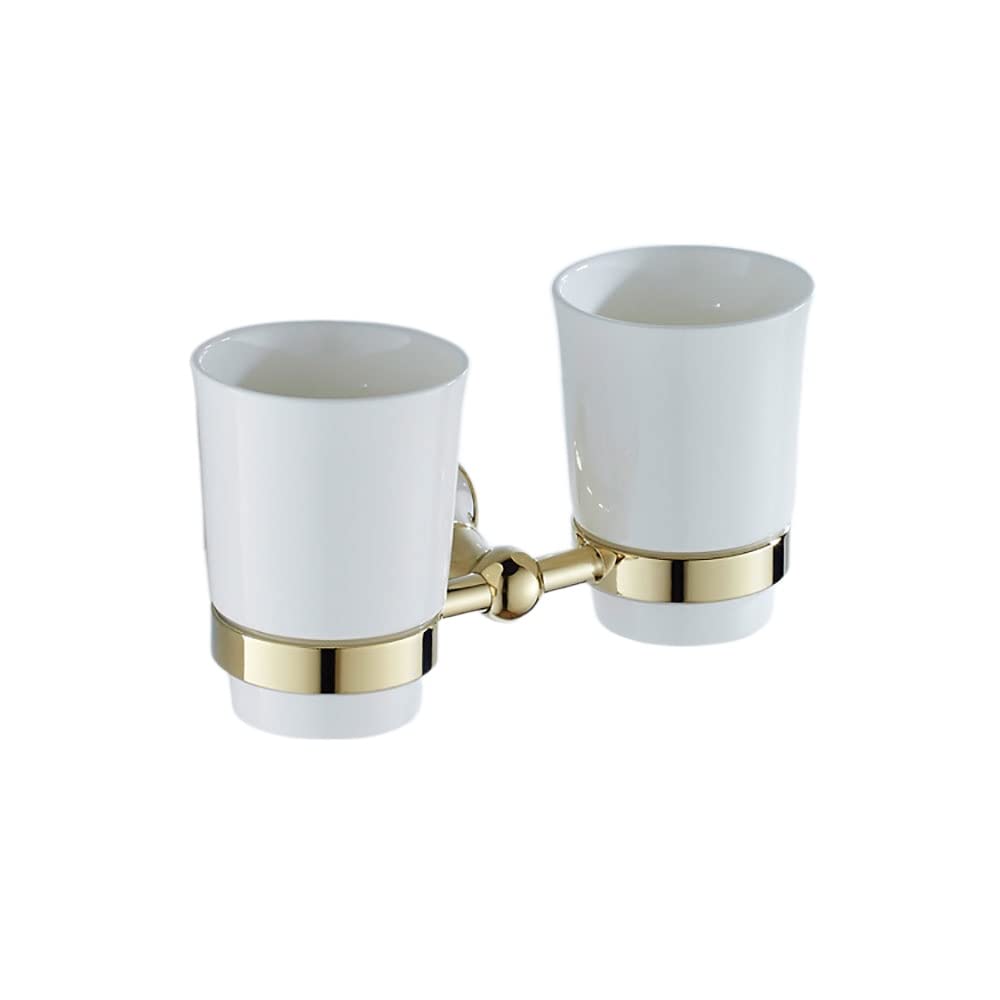 Soporte Doble Dorado for Cepillo de Dientes for baño, Soporte for Vaso de cerámica montado en la Pared de latón Simple con Taza de cerámica esmerilada, Organizador de Pasta de Dientes y maquinilla de