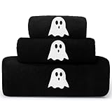 Peryiter Halloween Bath Towels Set for Bathroom Embroidered Black White Ghost Cotton 1 Bath Towel 1 Hand Towel and 1 Wash Cloth Absorbent Sheets for Bathroom Halloween Holiday Decor, 3 Sizes