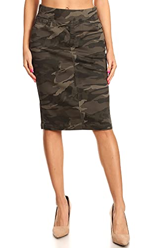 Fashion2Love Women's Size High Waisted Shaping Pull-On Stretch Twill Mid Length Skirt (77600)