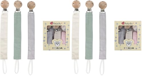 RUBY 3PCS Cadena Chupete Kit Portachupete, Set Chupetero Tela con Pinza de Madera de Haya Natural,Regalo Bebe (Verde-3) (Paquete de 2)
