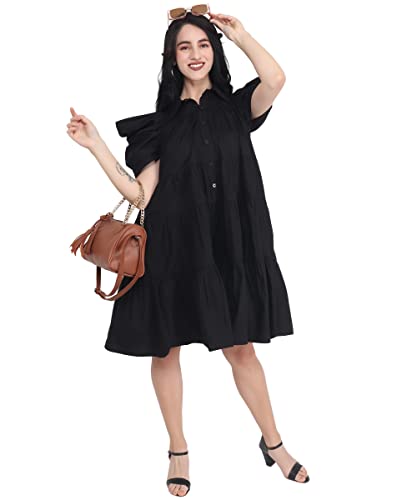 Image of Women's Power Shoulder Dress Plain Cotton Blend Western Dress
