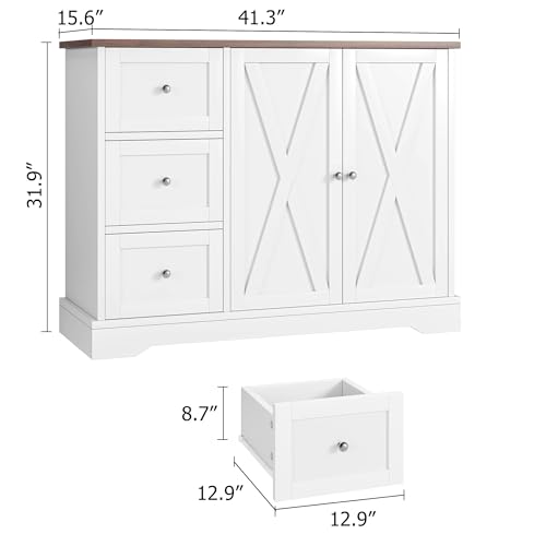 GarveeHome Buffet Cabinet with Storage, Farmhouse Kitchen Cabinet with 3 Drawers and 2 Doors for Kitchen, Dining Living Room, White