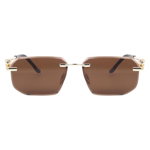 Image of Rectangle Sunglasses for Men /Women Small Rimless Square Shade Eyewear Gold Brown