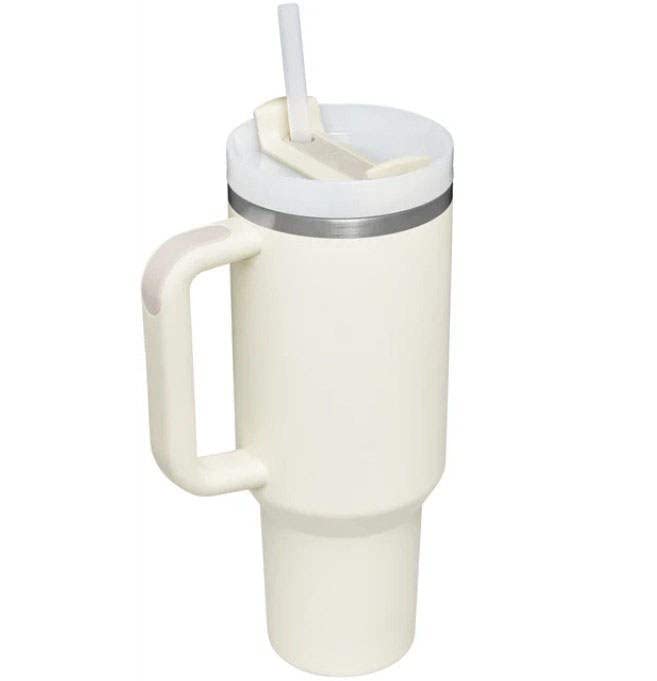40 OZ STAINLESS STEEL TUMBLR CUP WITH HANDLE AND VACUUM INSULATED LID WITH STRAW CREAM BEIGE TRAVEL SEALED CUP