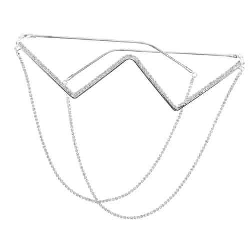 Ipetboom Bling Rhinestone Half Frame Eyeglasses for Women Stylish Punk Decorative Glasses Without Lens Unique Party Eyewear with Hanging Chain