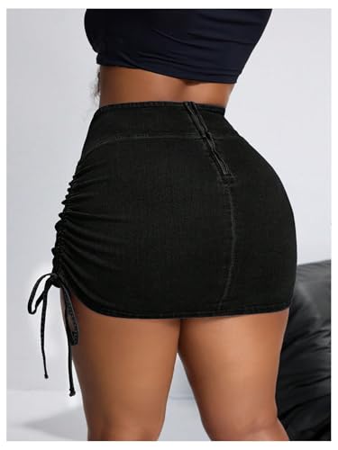 WDIRARA Women's Plus Size Drawstring Side Denim Mini Skirt High Waisted Ruched Bodycon Skirt2