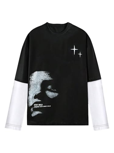 Image of VIPWOLF Men's Number Graphic Long Sleeve Jersey Shirts Oversized Y2K Round Neck 2 in 1 T-Shirts Streetwear Top
