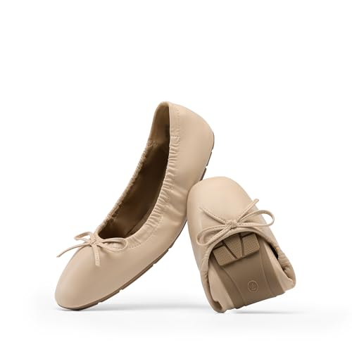 DREAM PAIRS Women's Flats Foldable Square Toe Ballet Flats for Women Bowknot Dressy Comfortable Light Weight Slip On Dress Shoes 8 Nude