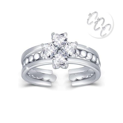 Cubic Zirconia Ring Set 925 Sterling Silver Four Leaf Clover Rings Adjustable Open Band Stackable Rings Wedding Jewelry for Women Lady - Main Image