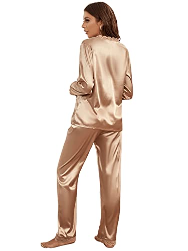 DIDK Conjunto de pijama de satén para mujer, con inserto de encaje, manga larga, ropa de dormir de dos piezas, champán, M Cover