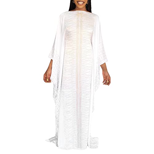 HD Robe Caftan Africaine Longue avec Perles et Strass pour Femme, Blanc, Taille Unique