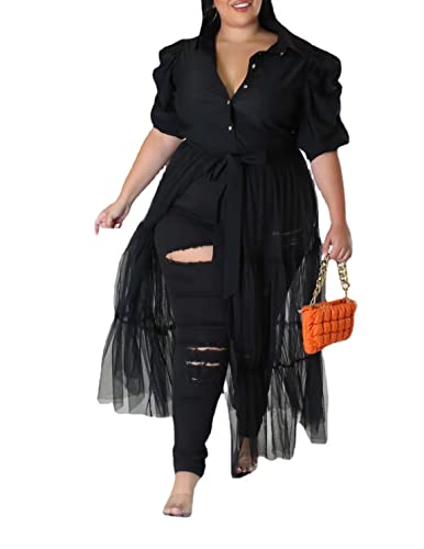 Sunlips Women's Sexy Plus Size Lapel Shirt Dresses Mesh See Through Puff Short Sleeve Flowy Swing Dress Clubwear2