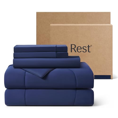 Rest Evercool+ Cooling Comforter Set Queen Midnight Blue 4pcs with Cooling Blanket Wrinkle-Free Deep Pocket Fitted Sheet 2 Silver-Infused Pillowcases for Skin and Hair Bed Set for Ultra Comfort