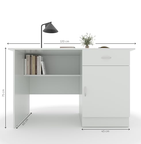 Image of 120x60x75cm Engineered Wood Study & Office Table | 1 Year Warranty | Matte Finish Free Standing Compact Modern Computer Desk with Drawer & Cabinet | Rolex Brown Finish- Super White