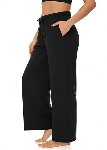 ZORBA Womens Plus Size Wide Leg Casual Palazzo Pants High Waist Yoga Comfy Loose Lounge Pants with Pockets Drawstring Black 3X-Large