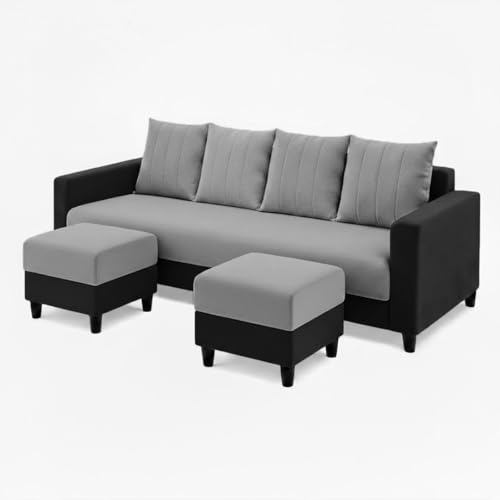Image of STRIKON Plush 6 Seater L Shape Sofa Set with 2 Movable Ottoman | Flexible Layout |Silken Velvet Suede | Designer Sofa for Living Rooms & Office Spaces (Light Grey & Black)