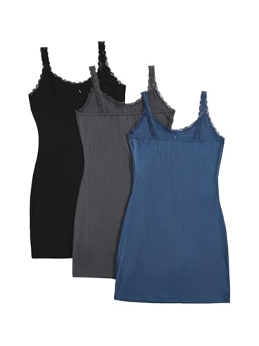Image of SOLY HUX Women's 3 Packs Nightgowns Soft Sexy Lace Trim Sleep Dress Chemise Pajamas Sleepwear Cami Mini Slip Dresses