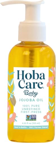 HobaCare Jojoba Baby Oil with Pump Dispenser – 100% Pure Natural Unrefined Unscented Cold-Pressed Jojoba Oil for Baby Hair, Infant Skin, Cradle Care & Body Moisture (4.22 fl oz)