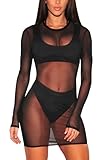 HUUSA Women's Sheer Cover Up Dress Sexy Swimwear Mesh Bikini Long Sleeve See Through Resort Wear 2025 Trendy Black XL