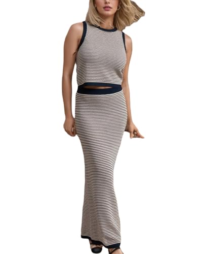 Women 2 Piece Sweater Skirt Sets Knit Tank Top Maxi Skirt Set Sleeveless Bodycon Striped Lounge Summer Casual Outfit2