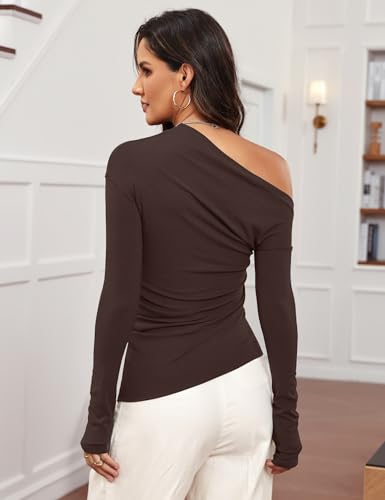 Women's Sexy Off Shoulder Tops Dressy Long Sleeve Asymmetrical Slim Fit Going Out Fall Blouse Ruched Shirts3