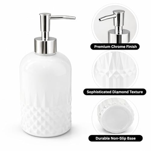 Image of Luxe Home International Diamond Cut Pattern Glass Soap Dispenser for Bathroom and Kitchen Sink Leak Proof Liquid Hand Wash Round Bottle Lightweight Smooth Finish (19.5x8 cm White) Pack of 1