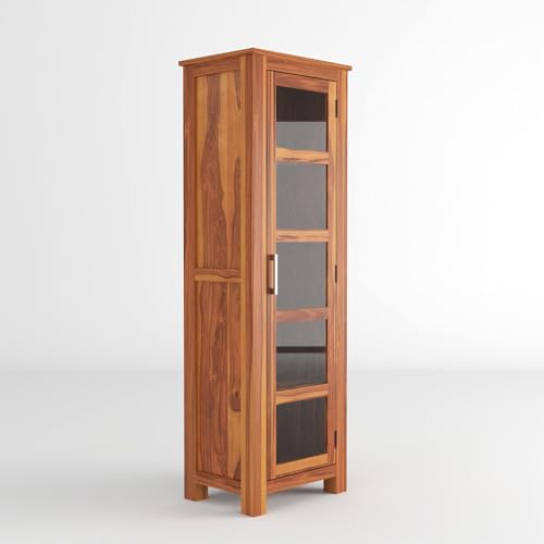 Image of Sheesham Wood Corner Book Shelf with Acrylic Glass Door | Wooden Sideboard Crockery Cabinet with 5 Shelf Storage | Kitchen Display Unit | Bookshelf for Home Library | Honey Finish