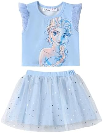 Disney Princess Ariel Frozen Girls T-Shirt Tulle Mesh Skirt 2 Piece Toddler Outfit Summer Skirt Set