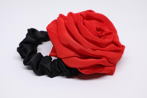 Image of Satin Scrunchies Hair Bands for Women | No-Damage Elastic Hair Ties for Ponytails & Buns | Fluffy & Stylish Rubber Bands | Free Size | Pack of 1 (Coral Red Rose)