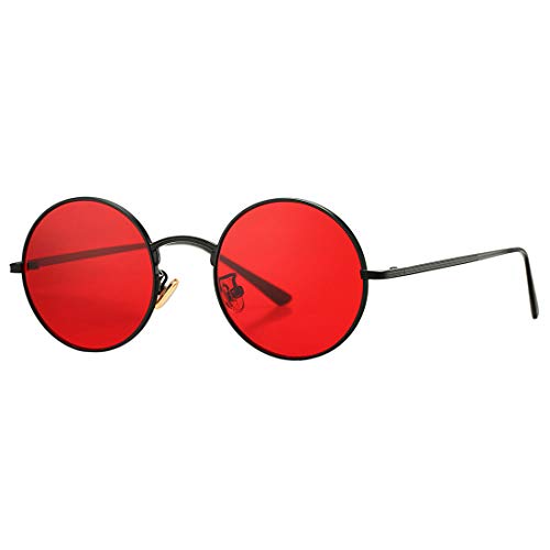 COASION Vintage Round Metal Sunglasses John Lennon Style Small Unisex Sun Glasses (Black Frame/Red Lens)