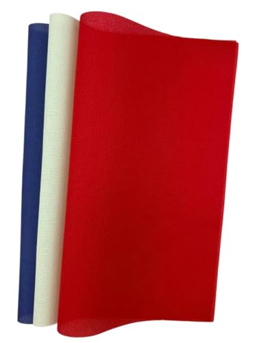 Image of KCS 3 pc of 15 inch x 18 inch(38cmx45cm) Counted Cross Stitch Cotton Aida Cloth Needlework Rolled Fabric Box,16CT,Red+Light Green+Jeans Blue