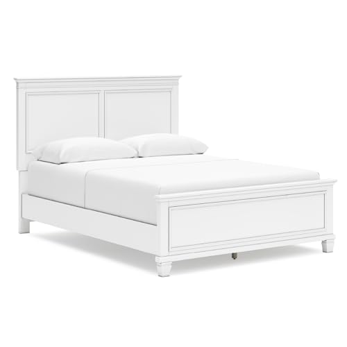 Image of Signature Design by Ashley Fortman White Wood Queen Panel Bed Frame | Modern farmhouse style, Durable hardwood solids and MDF substrate, Adjustable base compatible