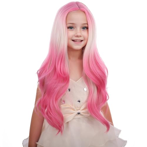 Image of PATTNIUM Ombre Pink Wig Kids Child Long Curly Wavy Lovely Pink Wig Blonde to Pink Middle Part Girls Wigs Heat Resistant Synthetic Hair Wigs