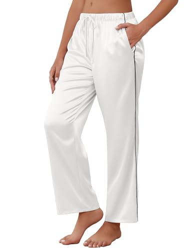 Ekouaer Womens Silk Satin Pajama Pants Soft Comfy Loose Pj Pants Drawstring Elastic Waist Wide Leg Lounge Bottoms with Pockets