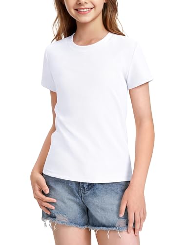 JOCMIC Girls Ribbed Athletic Shirts Crewneck Short Sleeve Tops for Teen Kids Slim Fit