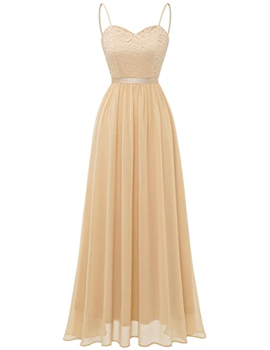 DRESSTELLS Damen Ballkleid Maxi Lang Abendkleider Chiffon Spitzen Brautjungfernkleider Bodenlang Cocktailkleid mit Spaghettiträgern Konfirmationskleid Champagne L